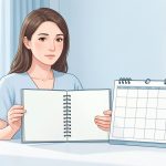 Illustration médicale sobre d’une femme tenant un agenda vierge consacré aux migraines, avec un calendrier sans inscriptions et une boîte de médicaments sur un bureau lumineux.