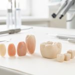 Couronne dentaire en céramique présentée avec plusieurs échantillons de teintes naturelles sur un plan de travail de laboratoire dentaire.
