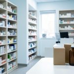 Étagère de pharmacie avec un emplacement vide et un flacon de médicament sans étiquette, évoquant un produit retiré du marché et devenu introuvable.