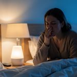 Une femme pratique calmement une respiration nasale douce dans sa chambre avant de dormir, avec un humidificateur allumé sur la table de chevet.