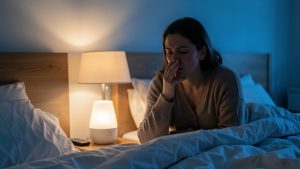 Une femme pratique calmement une respiration nasale douce dans sa chambre avant de dormir, avec un humidificateur allumé sur la table de chevet.
