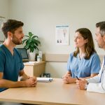 Un patient échange calmement avec une infirmière et un soignant dans un espace lumineux et accueillant des urgences psychiatriques hospitalières.
