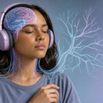 Illustration éditoriale réaliste d’une jeune femme écoutant de la musique au casque, avec des zones cérébrales discrètement illuminées dans une ambiance médicale et apaisante.